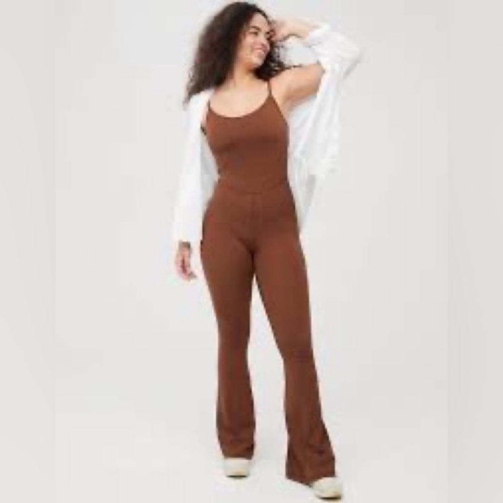 OFFLINE By Aerie Real Me XTRA Flare Jumpsuit XL Dark Taupe Brown
